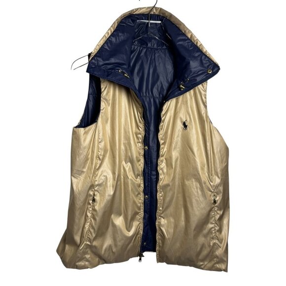 Polo Ralph Lauren Golf Women’s Size Large Reversible Puffer Vest Navy Blue Gold - Picture 3 of 13
